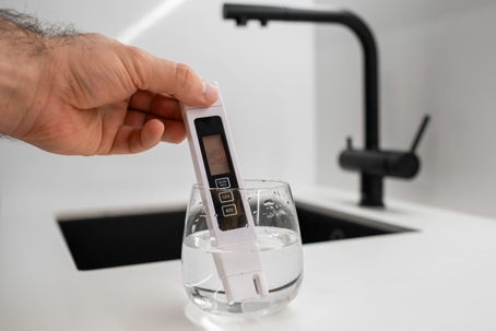 Man hand immerses TDS water quality tester